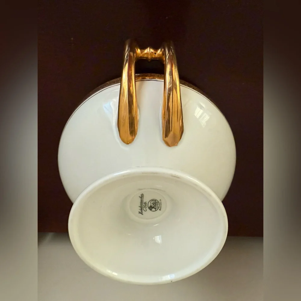 Vtg Hutschenreuther‎ Gelb Bavaria Germany 10” Serving Dish White & Gold Pedestal